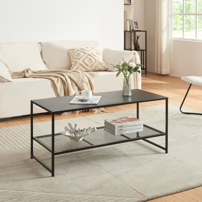 [en.casa] - Table basse de salon Ruokolahti avec tablette en grille acier 102 x 43 x 46 cm noir mat