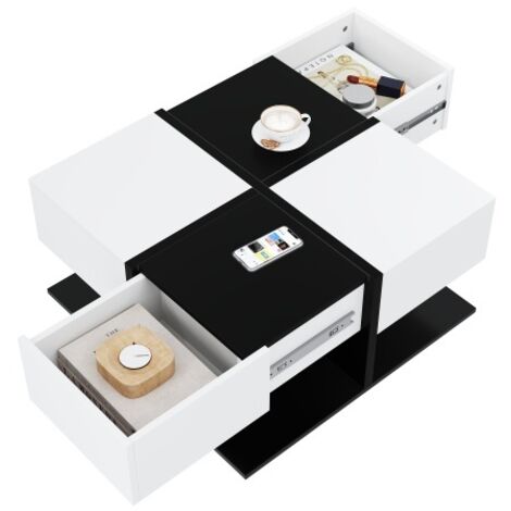 Table basse de style moderne — Bicolore noir et blanc — Dotée de 2 tiroirs  Table basse carrée pour salon avec rangements  Finition haute brillance et rails à glissement fluide