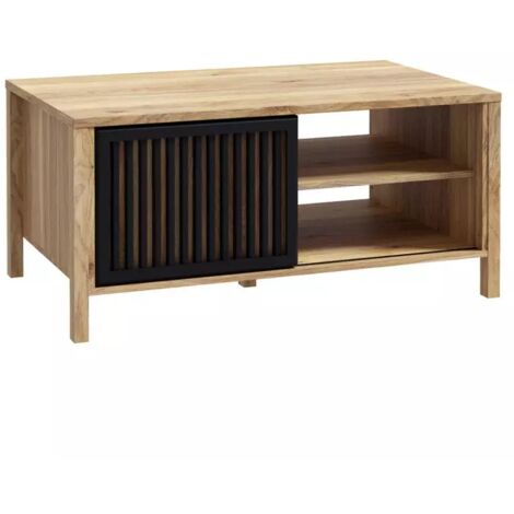 Table basse décor chêne avec porte coulissante ajourée noire - SELENA