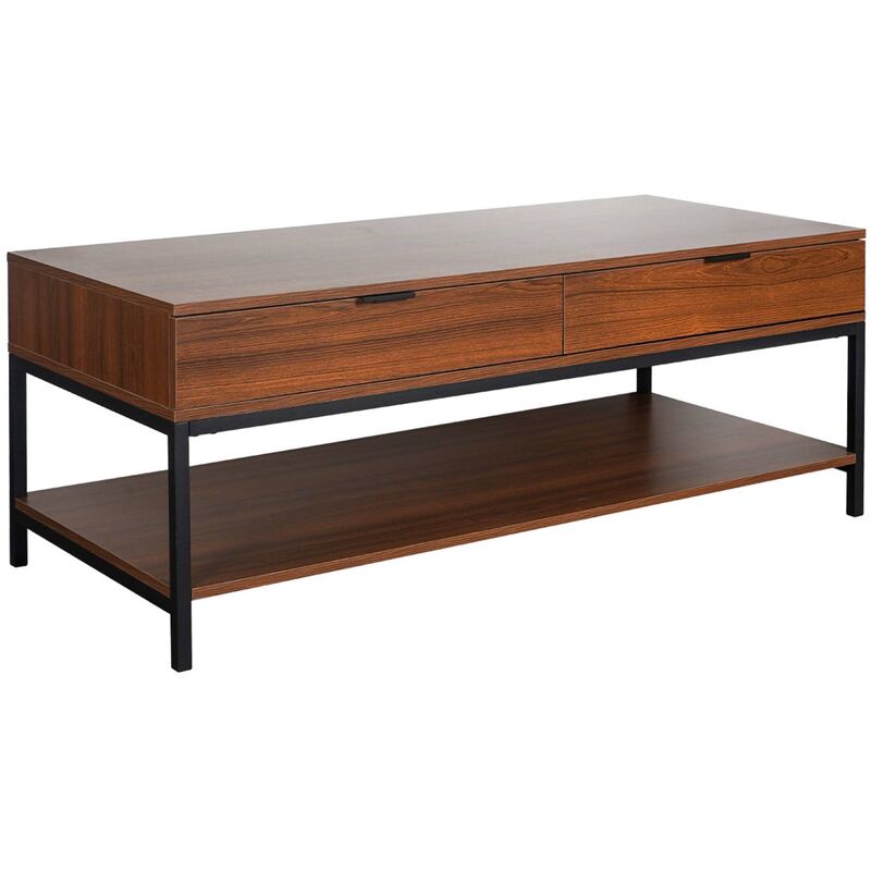 Table basse coloris noyer avec pieds et poignée en métal noir - 2 tiroirs et 1 étagère
