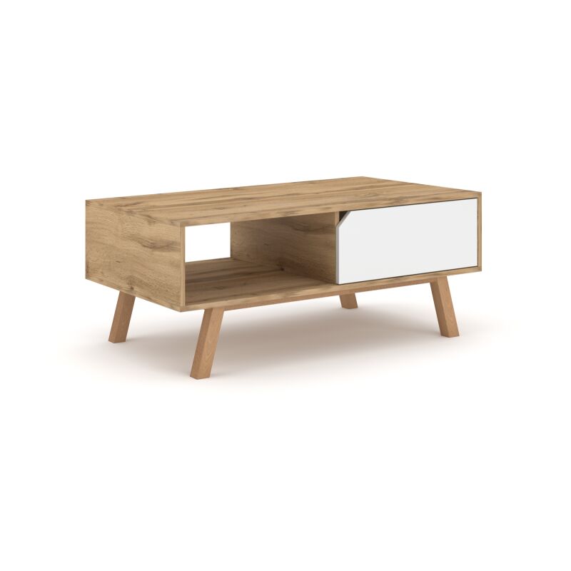 Table basse design AOMORI 1 tiroir et 1 niche, coloris chêne et blanc mat - Blanc