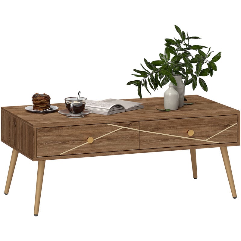 Homcom - Table basse design Art déco - 2 tiroirs coulissants - piètement poignées coniques métal doré effet bois