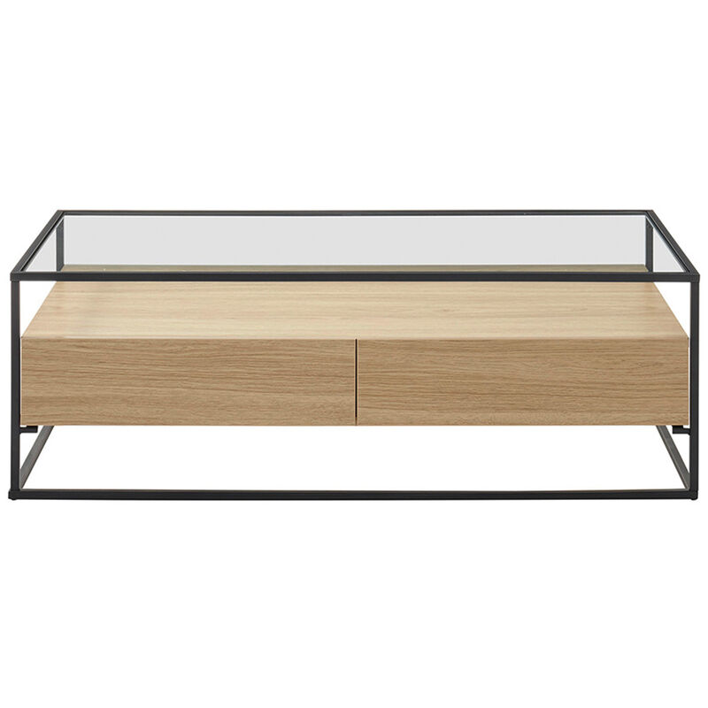 Miliboo - Table basse design avec plateau verre et tiroirs bois rectangulaire FINN