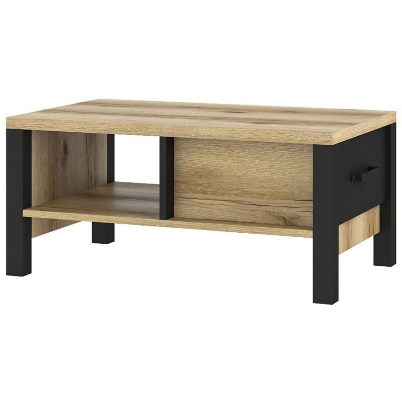 Table basse design collection DARWIN avec un tiroir et une niche. Couleur chêne clair et noir.
