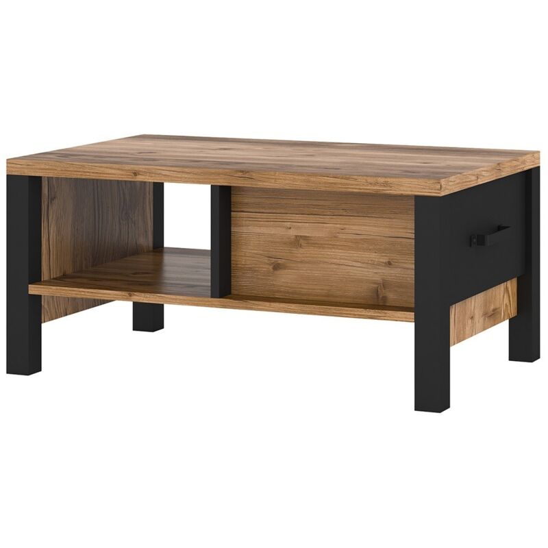 Table basse design collection DARWIN avec un tiroir et une niche. Couleur épicéa et noir. - Marron