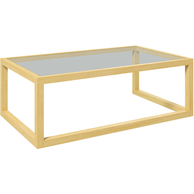 homcom - table basse design contemporain plateau verre trempé structure piètement bois d'hévéa - beige