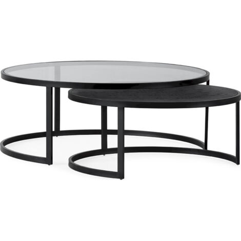 Table basse design en verre trempé et chêne - Chic noir contemporain avec bois foncé