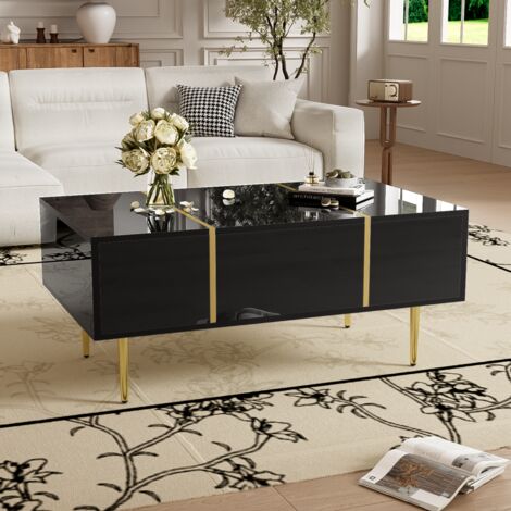 Table basse design noir brillant - 2 tiroirs de rangement - Style contemporain épuré - 100x60x41.5cm