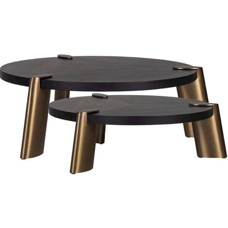 Table basse design ronde effet chêne et acier noir charbon - chêne foncé et bronze mat