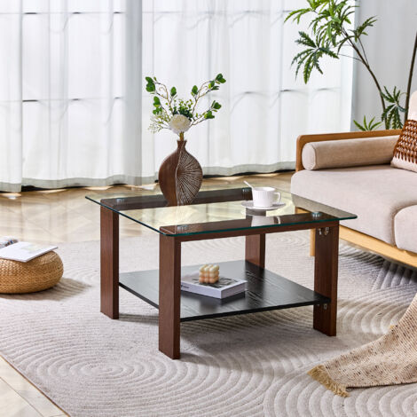 Table Basse Design Scandinave 65x41x45,5 cm - Plateau Verre Trempé - Pieds Bois Noyer Massif - Étagère Noire - Rangement Double