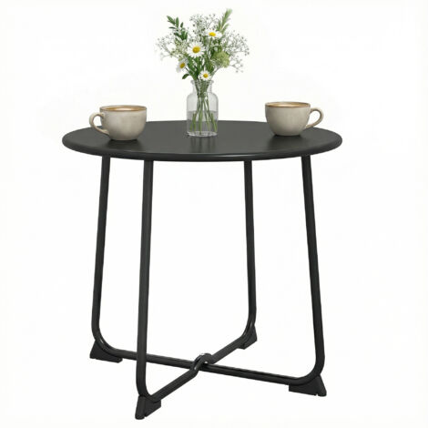 Table basse d’extérieur ronde 50 cm, table métallique avec base en X et pieds antidérapants, noire
