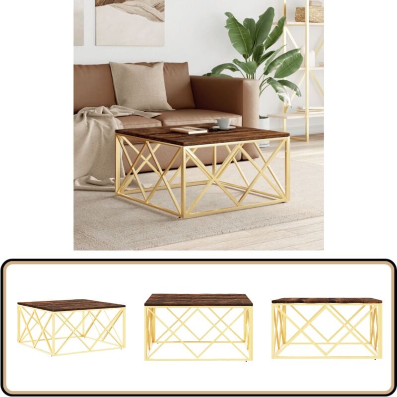 Table basse doré acier inoxydable et bois massif récupération - Table Basse Dorée - Meuble Salle Séjour - Table D'appoint - Décoration Intérieure