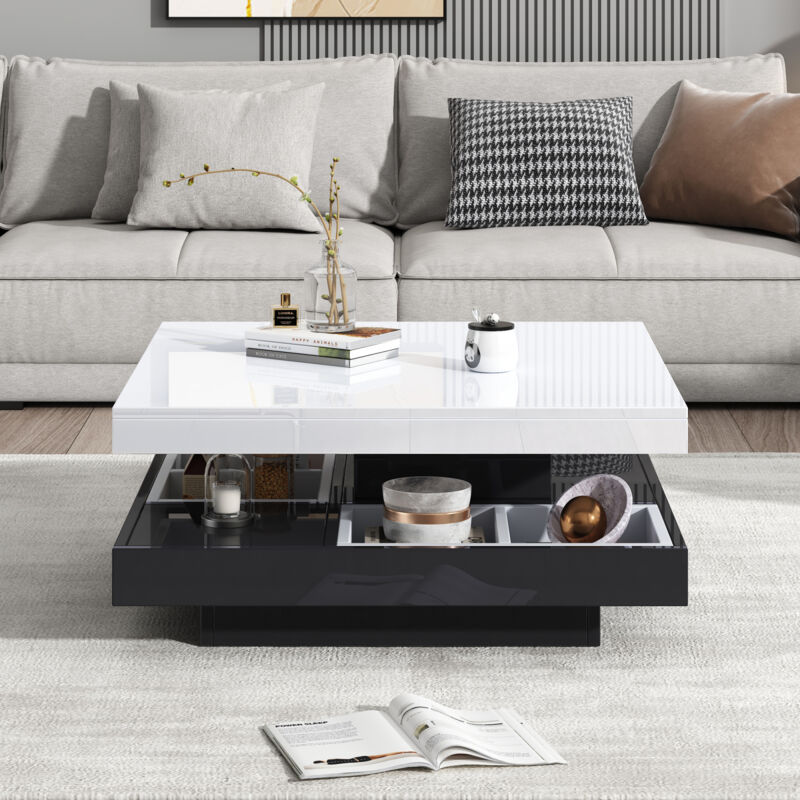 Sureh - Table basse double couche, table de salon,table basse carrée haute brillance, pivotant à 360°, table pivotante à 2 niveaux avec compartiment