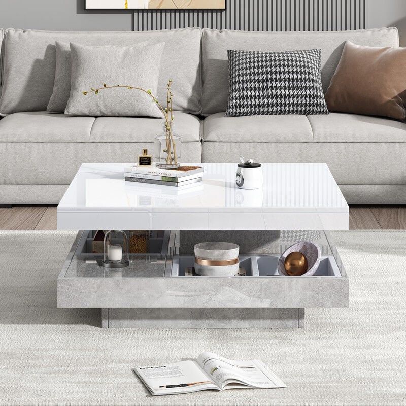 Sureh - Table basse double fonctionnelle avec plateau brillant Plateau pivotant à 360°, double plateau pivotant avec compartiment de rangement,