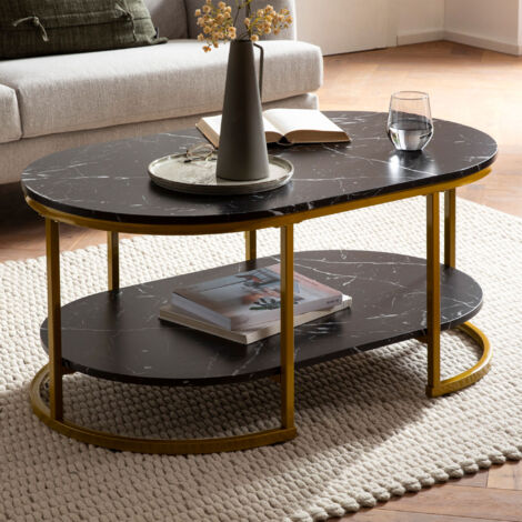 Table basse double plateau 100x60x45 cm aspect marbre noir et doré