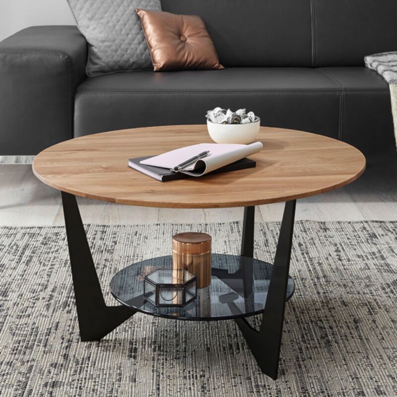 M&s - Table basse double plateau 70x70x40 cm en chêne, verre et métal M&s - Table basse double plateau 70x70x40 cm en chêne, verre et métal