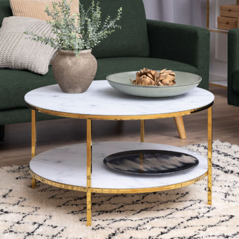 Table basse double plateau aspect marbre blanc et métal doré - MONZA