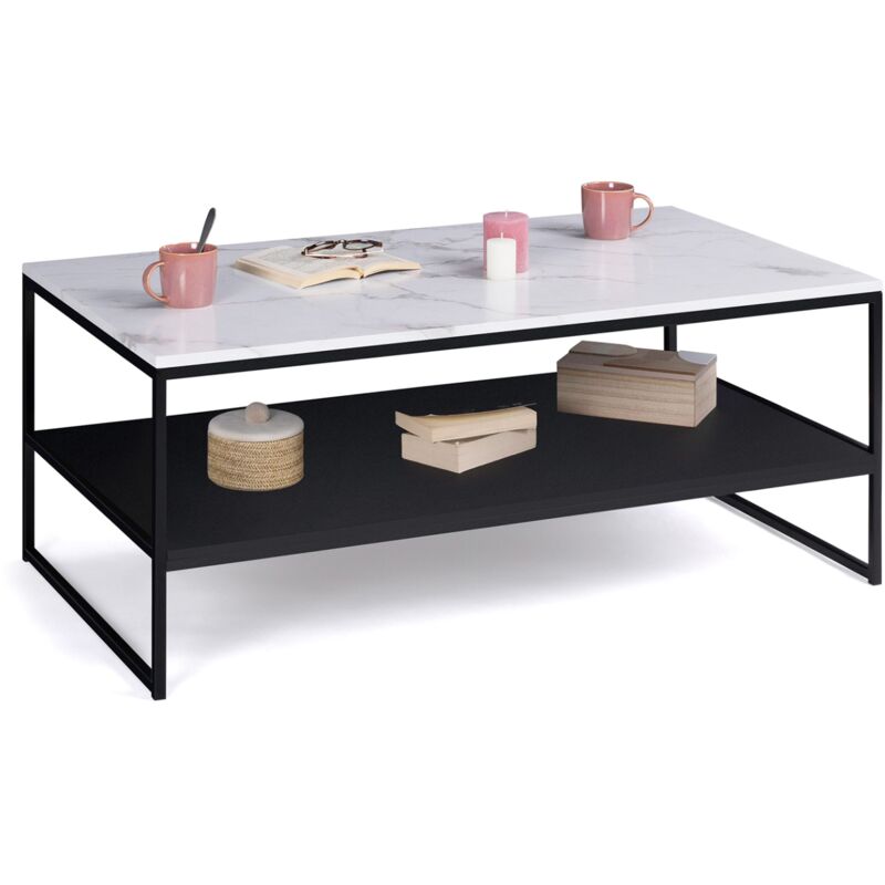 Idmarket - Table basse alaska double plateau effet marbre et noir pieds métal