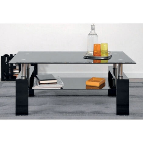 Table basse double plateau en verre 100x60x45 cm décor noir