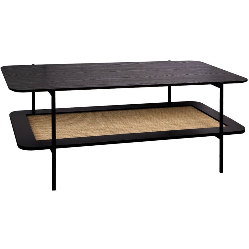 Table basse vintage 110 cm coloris noir. double plateaux effet bois et cannage. piètement et structure en métal noir