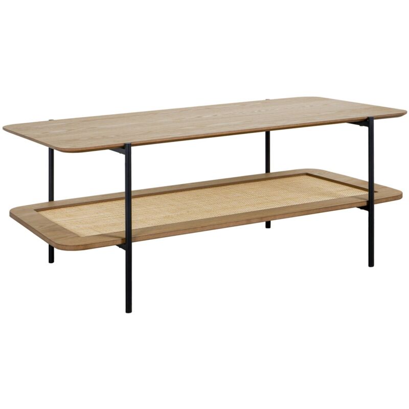 Sweeek - Table basse vintage 110 cm coloris naturel. double plateaux effet bois et cannage. piètement et structure en métal noir