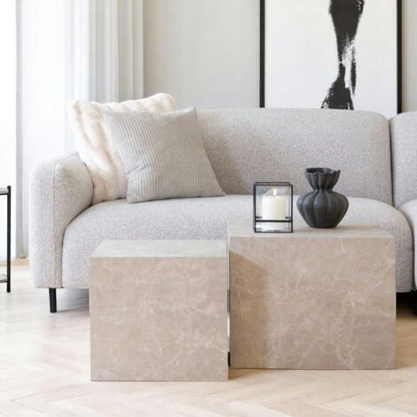 Table basse effet marbre beige - set de 2 cubes design TRINITE