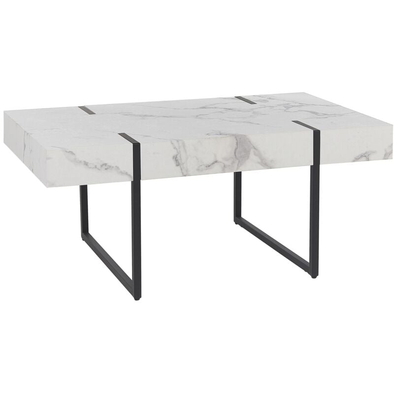 Table Basse Plateau Effet Marbre Blanc 100 x 60 cm Pieds en Métal Noir Merced
