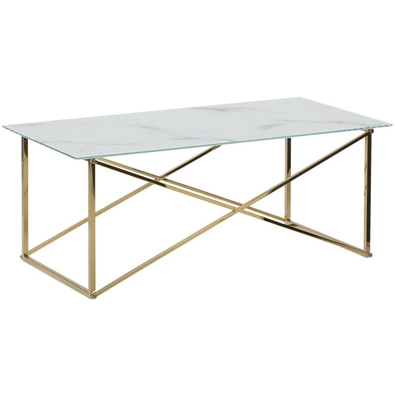 Beliani - Table Basse Emporia 50 x 100 cm Effet Marbre en Verre et Acier Blanc et Doré
