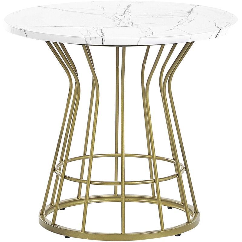 Table Basse Ronde Glamour Blanc Effet Marbre Plateau MDF Cadre Métal Doré Concan