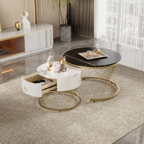 Table basse élégante à composer : effet marbre,décoration dorée,table d’appoint avec tiroirs - Ensemble de 2-Go