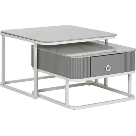 Table basse élégante en métal blanc et pierre sinterisée - Blanc marbré avec nuances grises