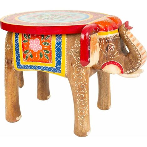 table basse éléphant bois peint décor coloré artisanal - motifs artisanaux multicolores peints main