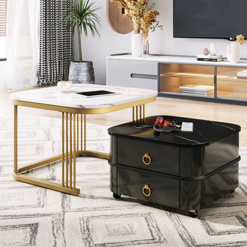 Redom - Table basse empilable : aspect marbre brillant et plateau en verre, pieds noirs, table d'appoint avec tiroirs en lot de 2