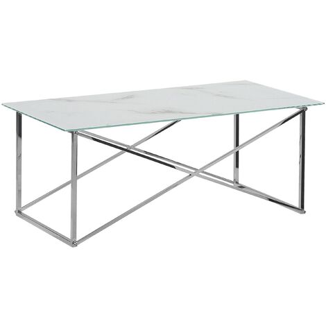 Table Basse Emporia 50 x 100 cm Effet Marbre en Verre et Acier Blanc et Argenté - Blanc