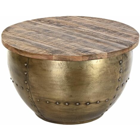Table basse en bois de manguier et métal coloris marron / doré - diamètre 68 x hauteur 44 cm -PEGANE-