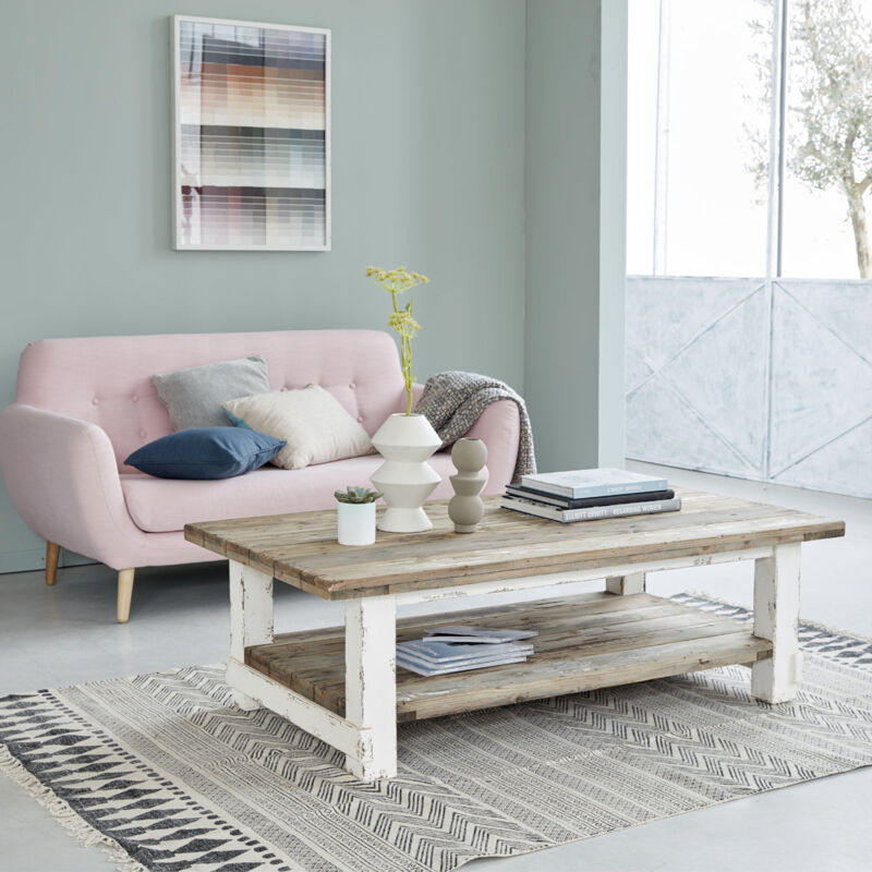 Table basse en bois de pin recyclé double plateau - Blanc