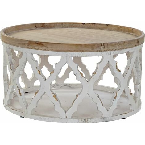 Table basse en bois d'épicéa et MDF coloris blanc vieilli / naturel - diamètre 81 x hauteur 43 cm -PEGANE-