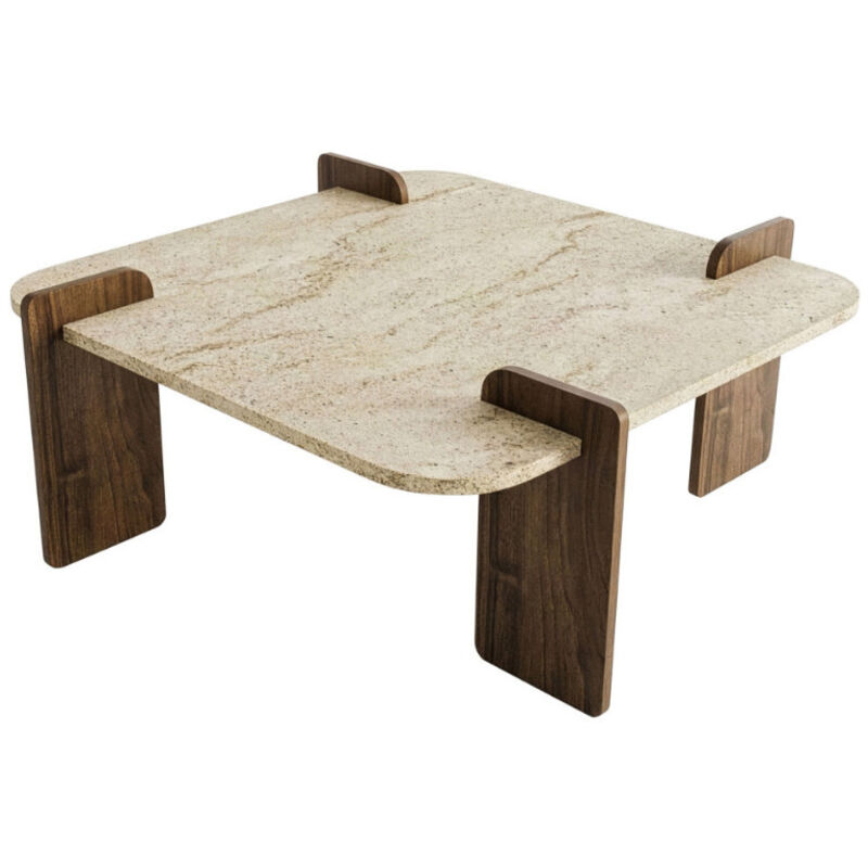 Table basse en bois et effet travertin 90x90cm - Beige - Soleni