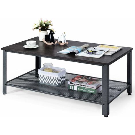 Table basse en bois+métal avec 2 niveaux de rangement,4 pieds ajustables 106 x 60 x 45cm gris/noir