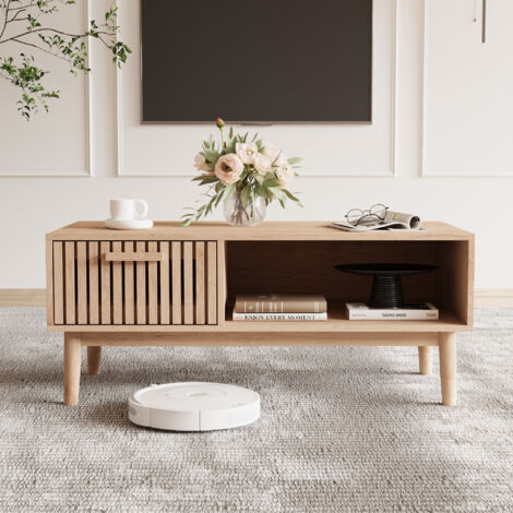 Table basse en bois naturel, 100x50x43cm, 1 tiroir, espace ouvert, pieds en bois massif, structure renforcée - Naturel
