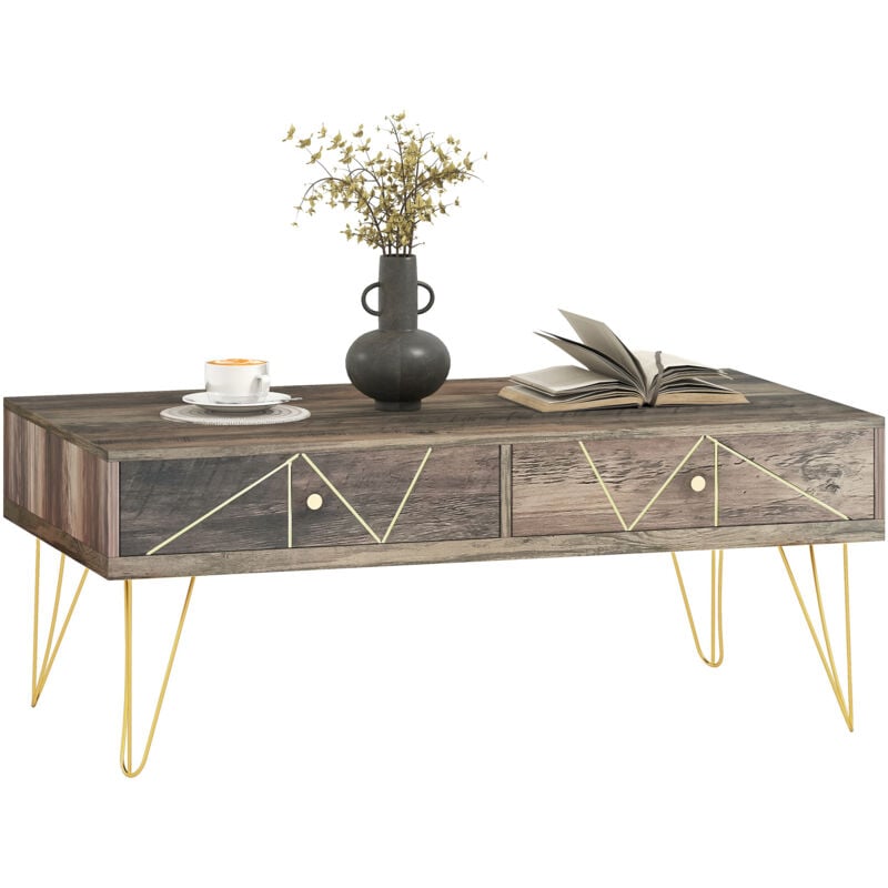 Homcom - Table Basse en Bois Table de Salon Grand Plateau et 2 Tiroirs Design de Luxe Élégant Décoration avec Lignes Dorées Peintes à La Main 110L x
