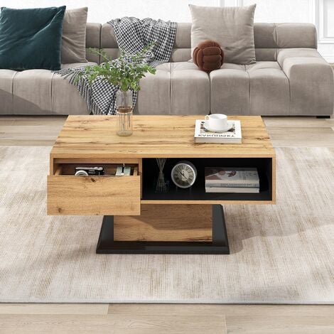 HOMMOO Table basse en bois veiné grand espace de rangement noir 100x60x47 cm