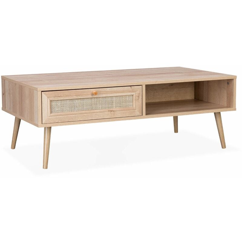 Sweeek - Table basse en cannage 110 x 59 x 39 cm - Bohème - Naturel. 1 tiroir. 1 espace de rangement. pieds scandinaves
