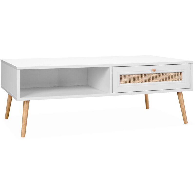Sweeek - Table basse en cannage 110x59x39cm - Bohème - Blanc. 1 tiroir. 1 espace de rangement. pieds scandinaves