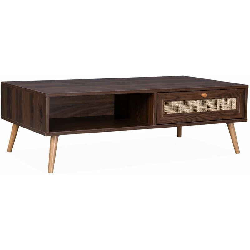 Sweeek - Table basse en cannage 110x59x39cm - Bohème - couleur bois foncé. 1 tiroir. 1 espace de rangement. pieds scandinaves