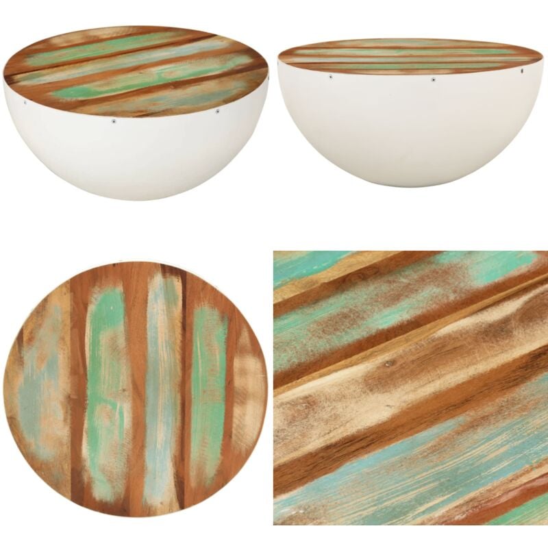 Table basse en forme de bol blanc bois de récupération massif - Table Basse Design Industriel - Table Basse Vintage - Table Basse Ronde - Table Basse