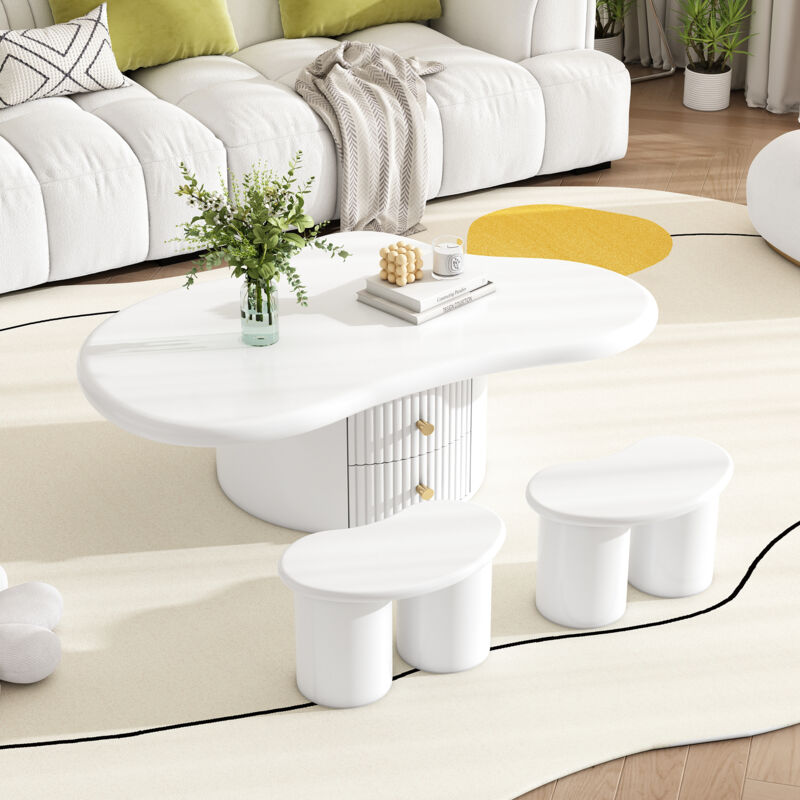 Table basse irrégulière blanche, table de salon avec 2 tabourets, 2 tiroirs et patins en feutre, 97x67x32 cm