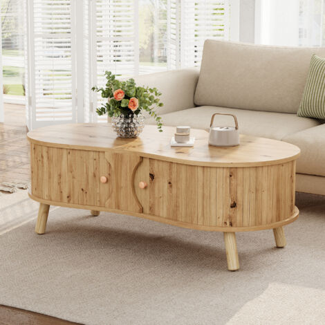 Table basse en forme de pois avec aspect rainuré,2 portes coulissantes,table de salon,aspect bois,pieds en bois massif,matériau MDF(HA)