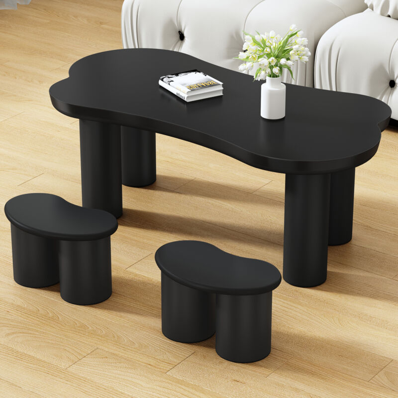 Okwish - Table basse en forme d'os irrégulière avec 2 petits bancs, grande table basse l 113 cm, l 58 cm, h 40,5 cm, plateau en mdf et pieds en pvc