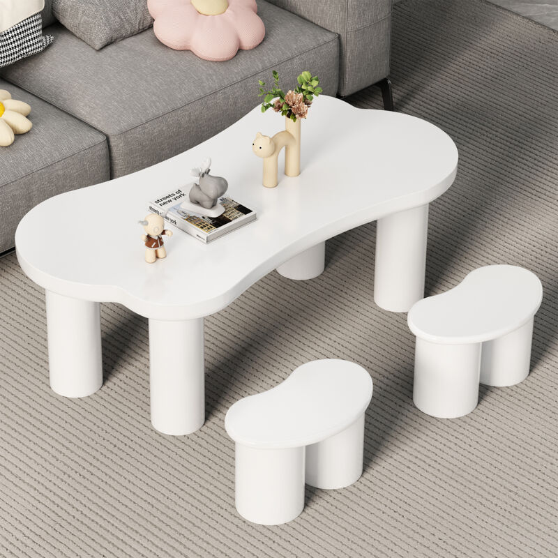 Tonchean - Table basse en forme d'os irrégulière avec 2 petites banquettes, grande table basse l 113 cm, l 58 cm, h 40,5 cm, plateau mdf et pieds pvc